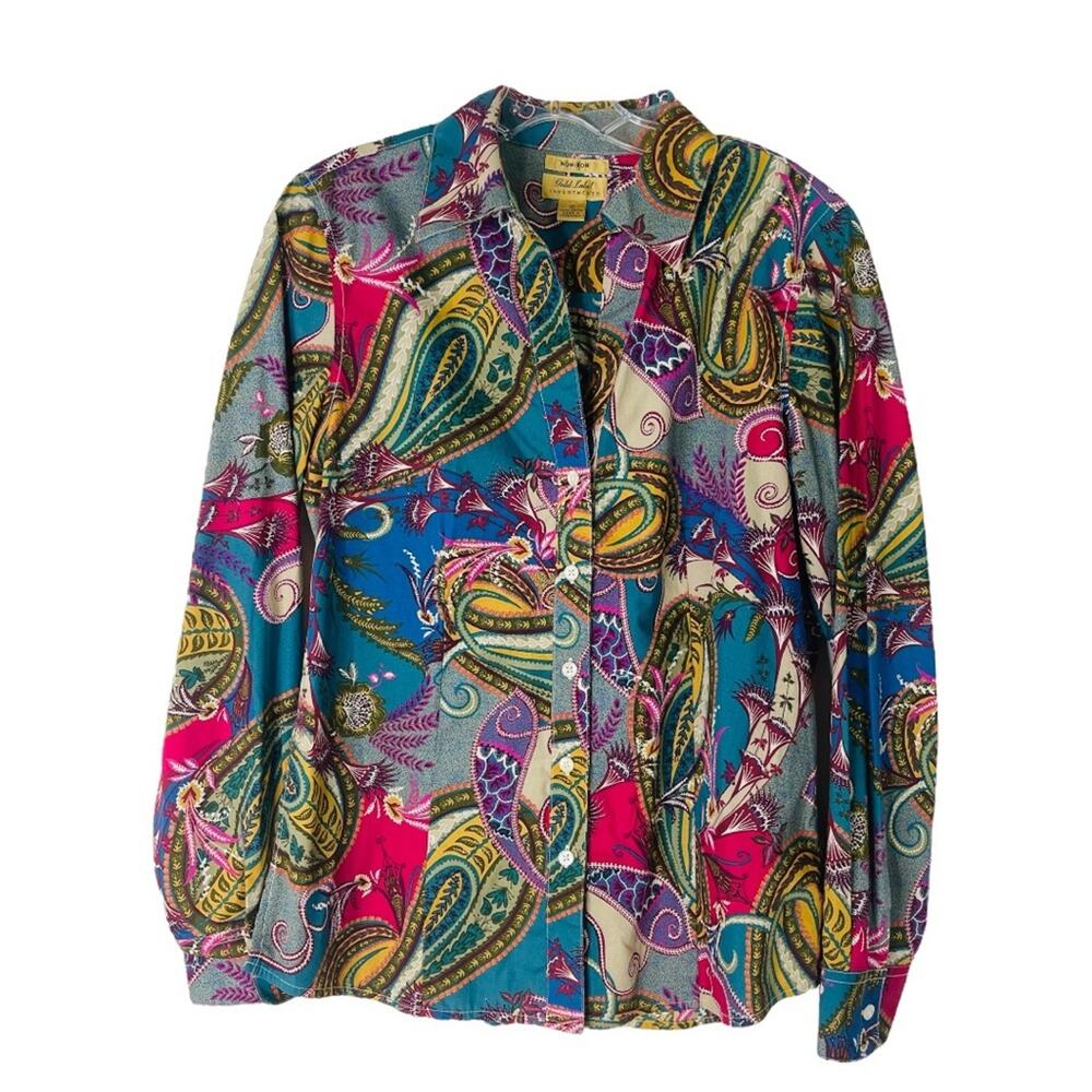 Vintage tan pink blue paisley button front office preppy top 10